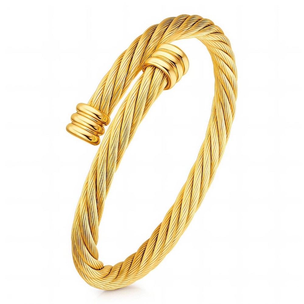 Gold Cable Cuff Bracelet Waterproof Stainless Steel Open Cuff - Picture 3 of 4